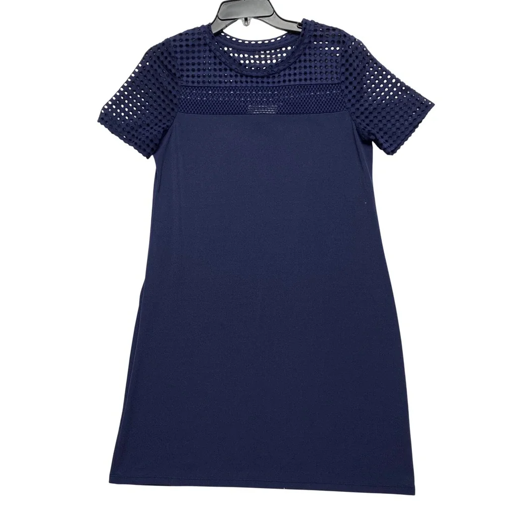 Michael‎ Kors Navy Blue Eyelet Laser Cut Shift Dress Short Sleeve Crew Neck M